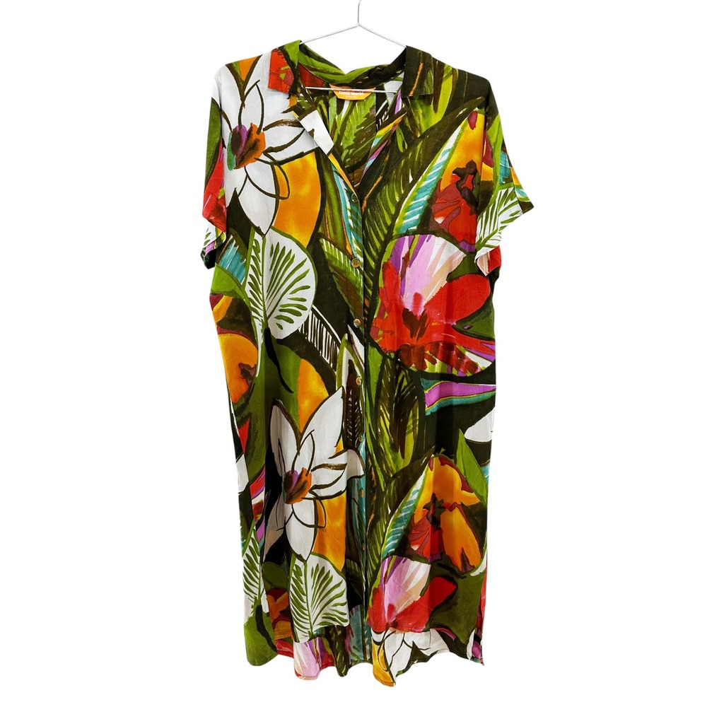 JAMS WORLD Tarragon Hawaiian Shirt Dress • Small • green white multicolor beach
